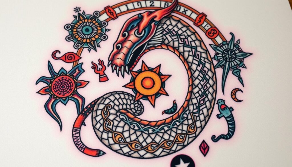 mythological elements in ouroboros tattoo designs